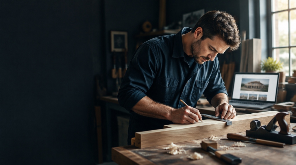 Master craftsman in British workshop with trade website on laptop in background